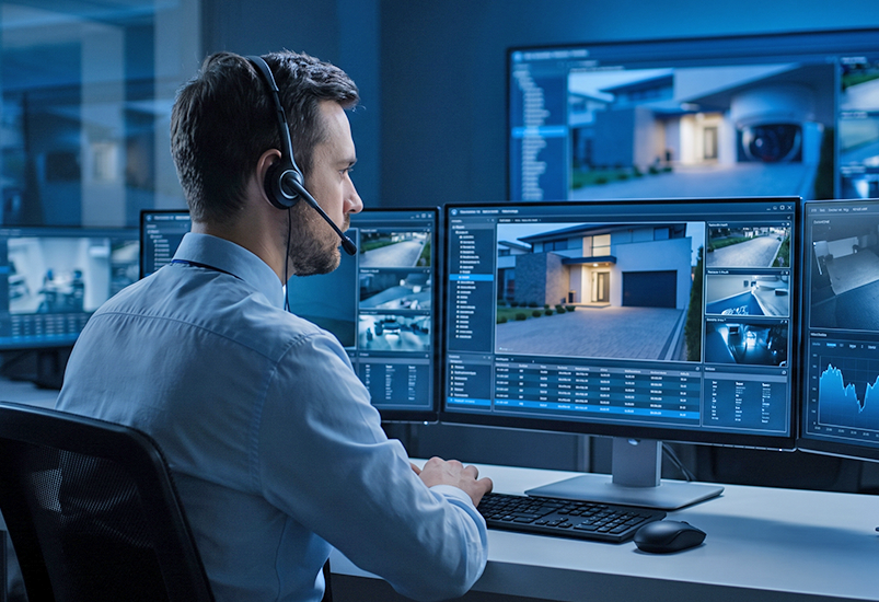 Security operator monitoring surveillance cameras