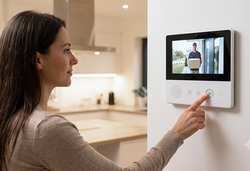 Woman using video doorbell monitor